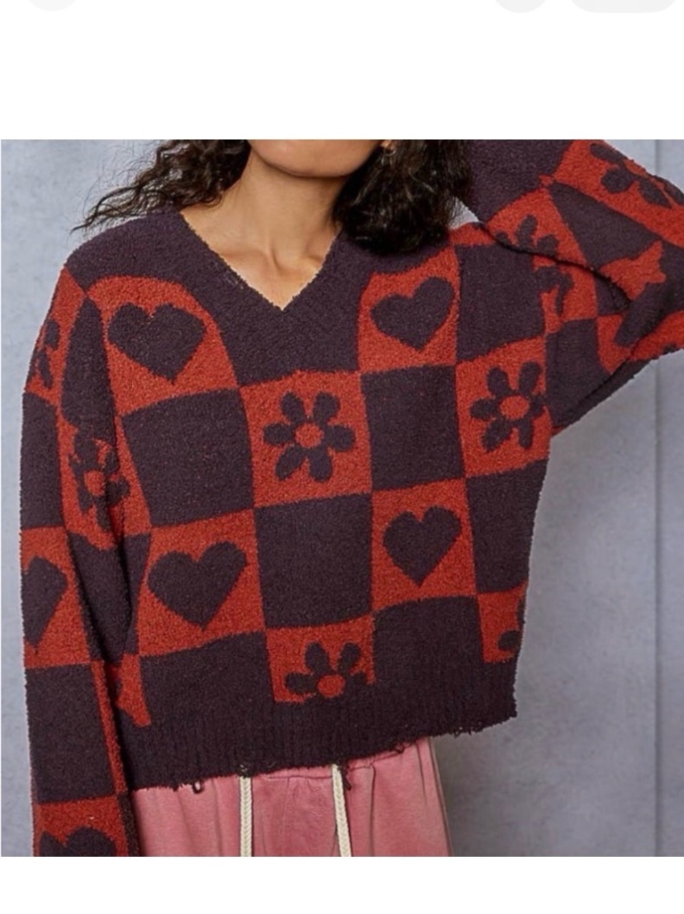 POL Clothing Heart & Floral Checkered Oversized Knit Sweater Brown Black Small